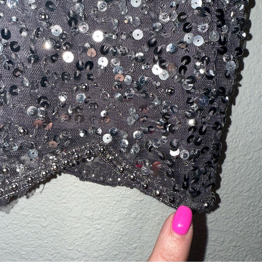 Adrianna Papell 18W Plus Gunmetal Sequin Sheath Midi Dress scalloped edges - Picture 7 of 16